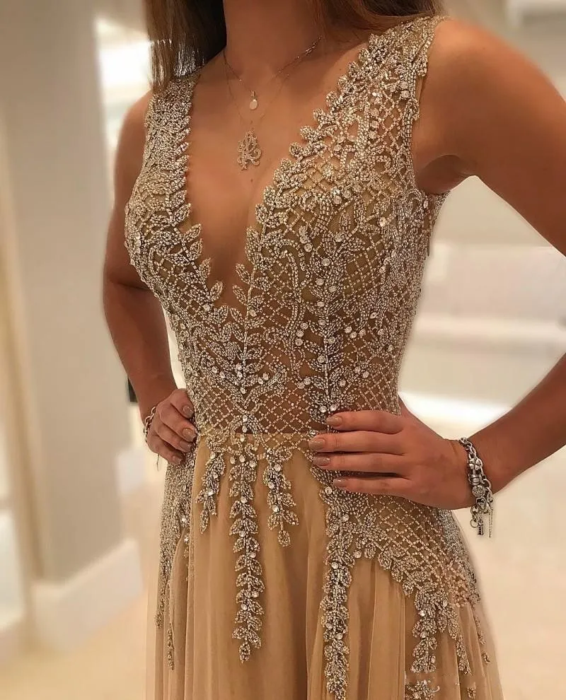 2020 Plus Size Bling Champagne Prom Dresses Crystal Beaded Side Split Illusion Deep V Neck Tulle Open Back Party Dress Formal Evening Gowns