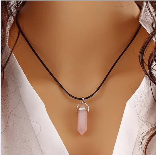 Mode nouvelle chaîne en cuir PU hommes femmes créé pierre précieuse pierre naturelle Hexagonal prisme Pile pendentif collier femmes G288256U