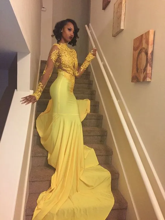 Yellow Mermaid Prom Dresses Sheer Long Sleeves High Neck Evening Dresses with Appliques Sexy Long Prom Gowns