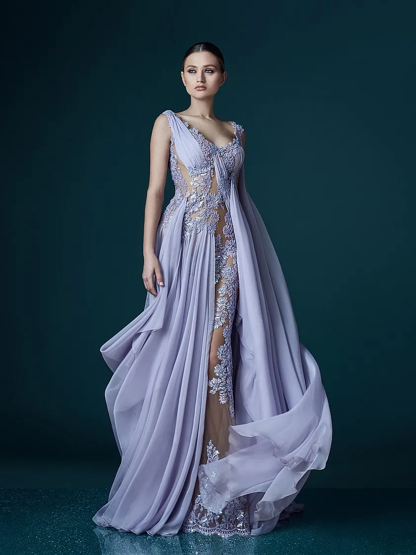 Deep V-neck Lavender Evening Dresses With Wrap Appliques Sheer Backless Celebrity Dress Evening Gowns 2017 Stunning Chiffon Long P296a