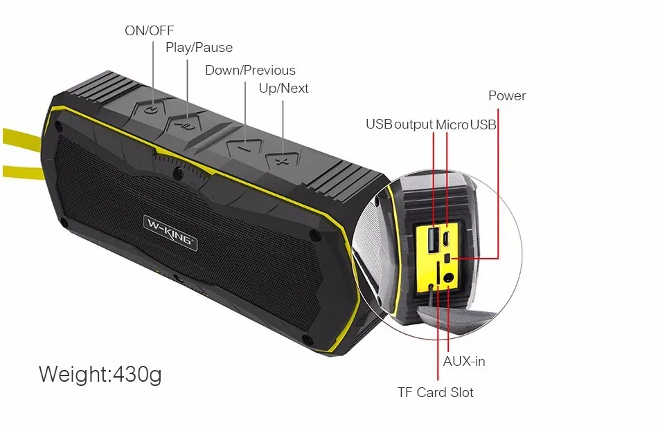 Wholesale W-king S9 Outdoor Waterproof Bluetooth Speaker Portable Wireless Hands-free Stereo Speaker Power Bank 4000mAh charge mobile phones