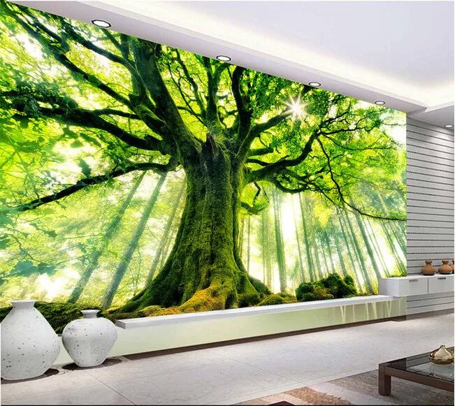3D Duvar Kağıdı Özel Duvar Dokunmasız Duvar Çıkartmaları Ağaç Ormanı Ayar Duvar Güneş Işık Resimleri PO 3D Duvar Duvar Duvar Kağıdı2255