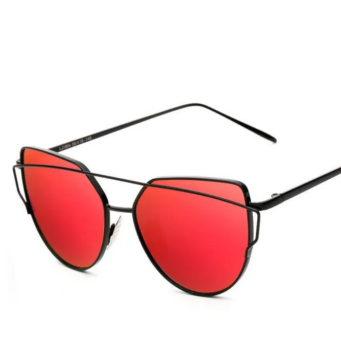 Moda kadın kedi göz güneş gözlükleri düz lens ayna marka tarzı metal çerçeve büyük boy yansıtıcı güneş gözlükleri 260y