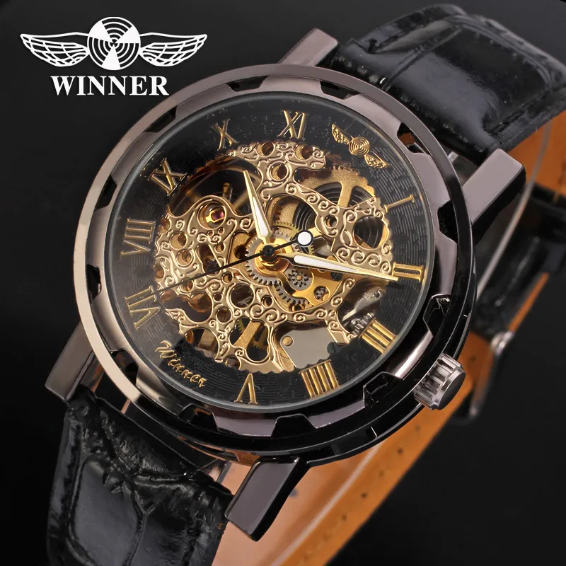 Winnaar Mode Goud Zwart Romeins Nummer Wijzerplaat Luxe Design Klok Herenhorloge Topmerk Cool Mechanisch Skeleton Mannelijke Polshorloges318R