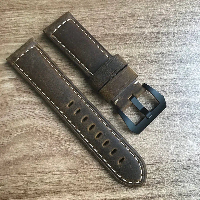 빈티지 Ocysa Dark Brown Black Crazy Horse Genuine Leather Belt Watch Strap 24mm 24mm Pam Watches205i