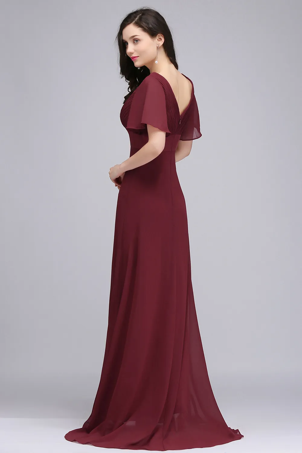 Wholesale Price Dark Red Long Chiffon Evening Dresses V Neck Low Back Flowy A Line Evening Party Gowns with Speaker Sleeves Cheap Online