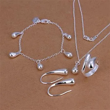 Moda gioielli in argento 925 imposta gocce d'acqua orecchini collana braccialetto e anello di fascino regalo di Natale caldo
