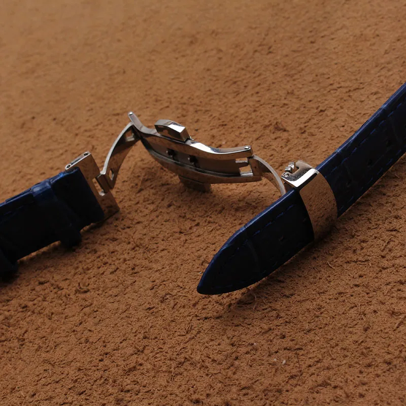 Pulseiras de couro de vaca pulseira de relógio prata aço inoxidável fivela de metal borboleta implantação pulseiras azuis para homens 14 16 18mm2334