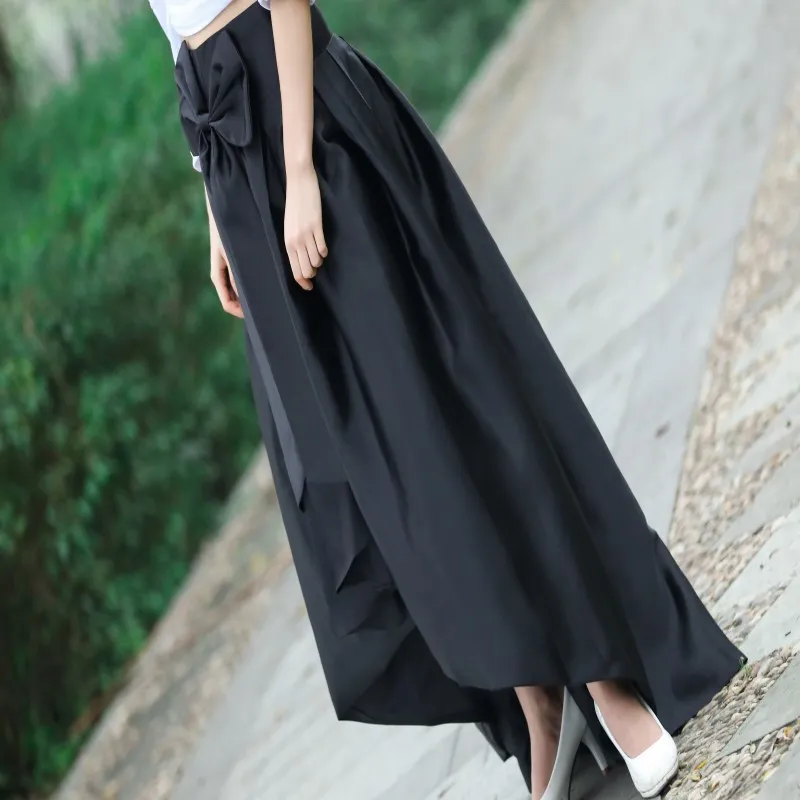Black High Low Skirt With Bow On Waist New Fashion Taffeta Ruffles Women Long Skirts Cheap Formal Party Dress 