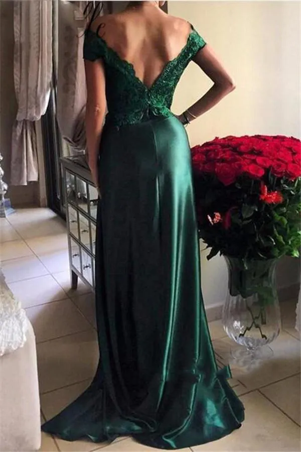 Hunter Green 2017 Evening Dresses Off Shoulder With Lace Applique A-Line Front Split Prom Dresses Back Zipper Sweep Train Custom Party Gowns