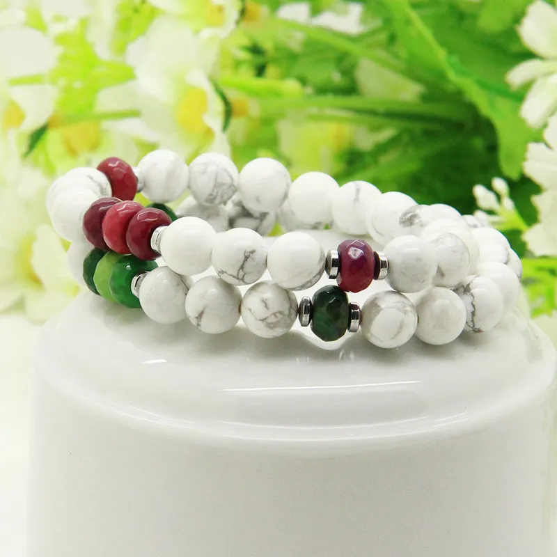 Unisex Couples Jewelry Whole 8mm White Howlite Marble & Fire Agate Stone Distance Lovers Lucky Bracelets302O