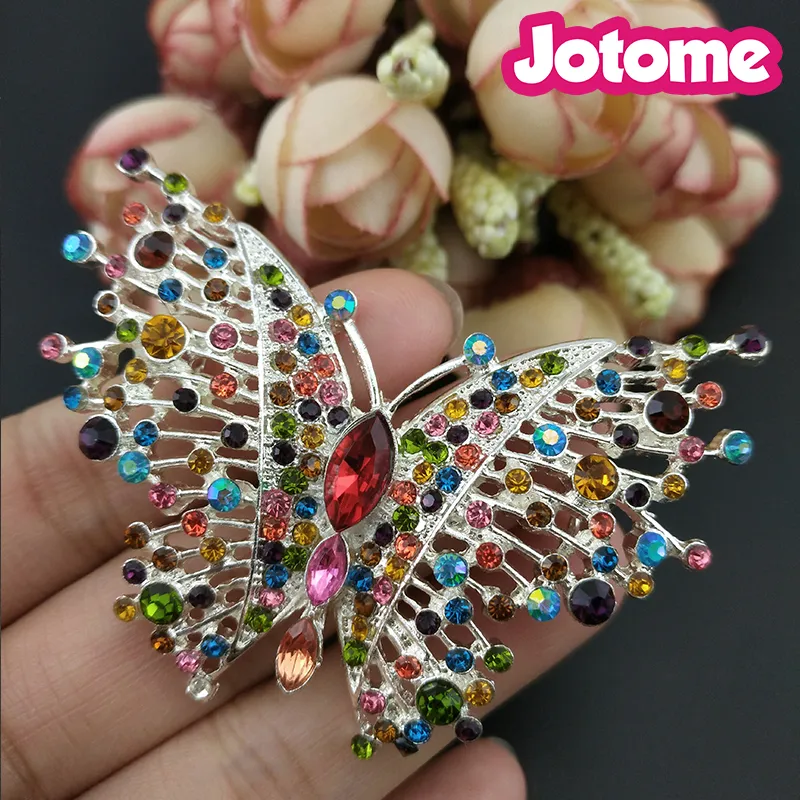 60mm Gold Tone Butterfly Brooches For Womrn Party Formal Dress Colorful Rhinestone Pin Brooch