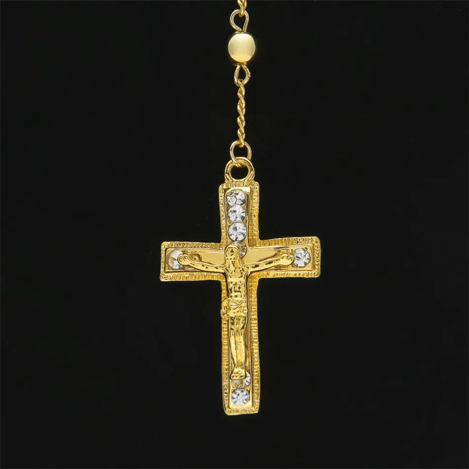 Bijoux religieux catholiques pour hommes, Style Hip Hop, couleur or, collier de perles en acier inoxydable, croix de jésus, chapelet, chaîne 264L