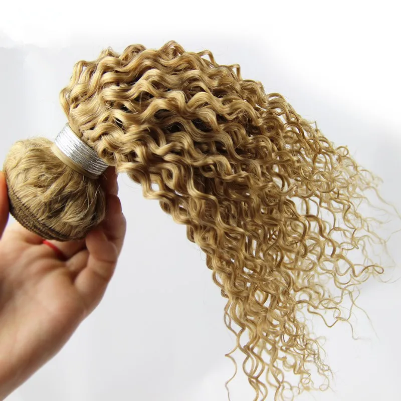 Kinky Curly #27 Honey Blonde Virgin Human Hair Wefts Extensions Curly Malaysian Human Hair Weaves Strawberry Blonde Hair Bundles