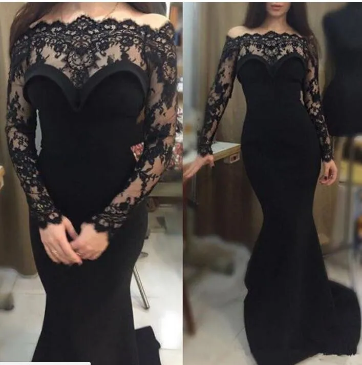 Black Velvet Mermaid Evening Dresses Long Sleeves Sheer Lace Neck Prom Dresses Custom Made Sheath Formal Evening Gowns