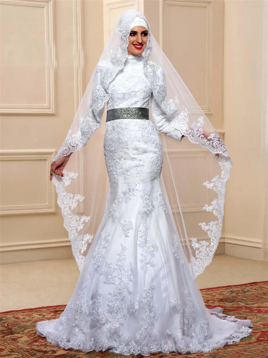 Arabic Kaftan Dubai High Low Wedding Gowns Custom Made Muslim Wedding Dresses High Neck Lace Beaded Long Sleeves With Hijab