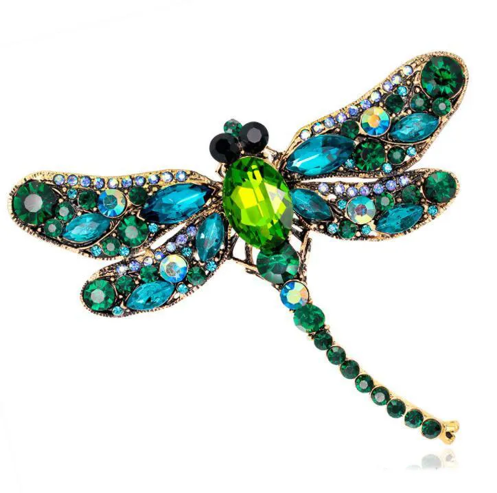 Rhinestone Dragonfly Brooches For Women Antique Gold Color Scarf Lapel Brooch Pins Animals Crystal Jewelry Gifts 216F