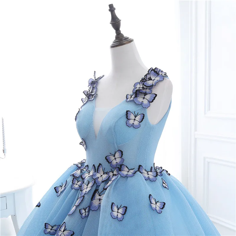 Stock V-neck Butterfly Flowers Ball Gowns Long Prom Dress Blue Prom Dress Puffy High Quality Event Gowns US2 4 6 8 10 12 14 16