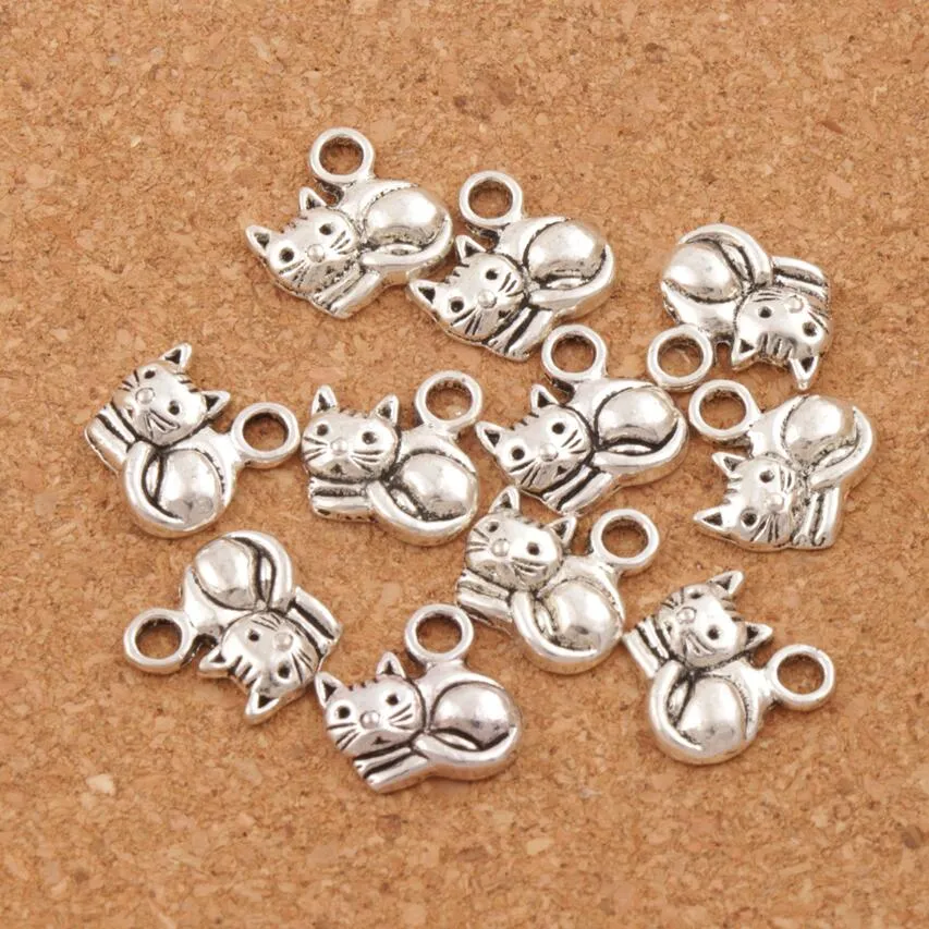 Gato mentiroso espaciador dije cuentas colgantes 200 Uds lote joyería 14x14mm aleación de plata antigua joyería hecha a mano DIY L1153337b