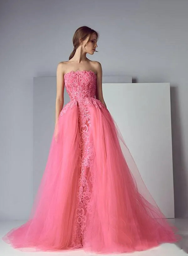 Elegant 2017 Evening Dresses Water Melon Strapless With Lace Applique Prom Gowns Back Zipper Tiered Ruffles Custom Made Formal Party Gowns