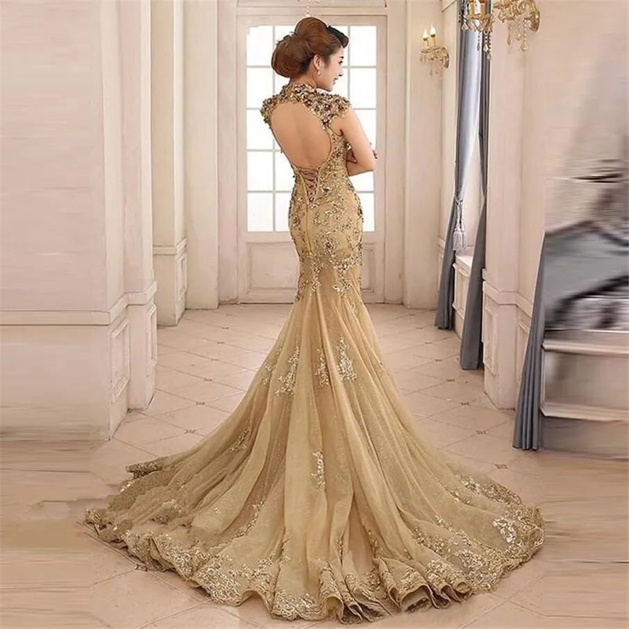 Vintage 2019 Champagne Mermaid Prom Dress Sheer High Collar Cutouts Backless Cap Sleeve Evening Dress with Sequined Appliques