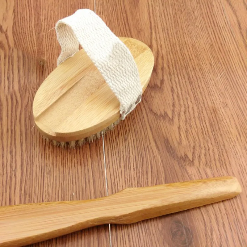 Whole-Natural Bristle Middle Long-handled Bamboo Shower Body Bath Brush Round Head Removable Shower Brush293U