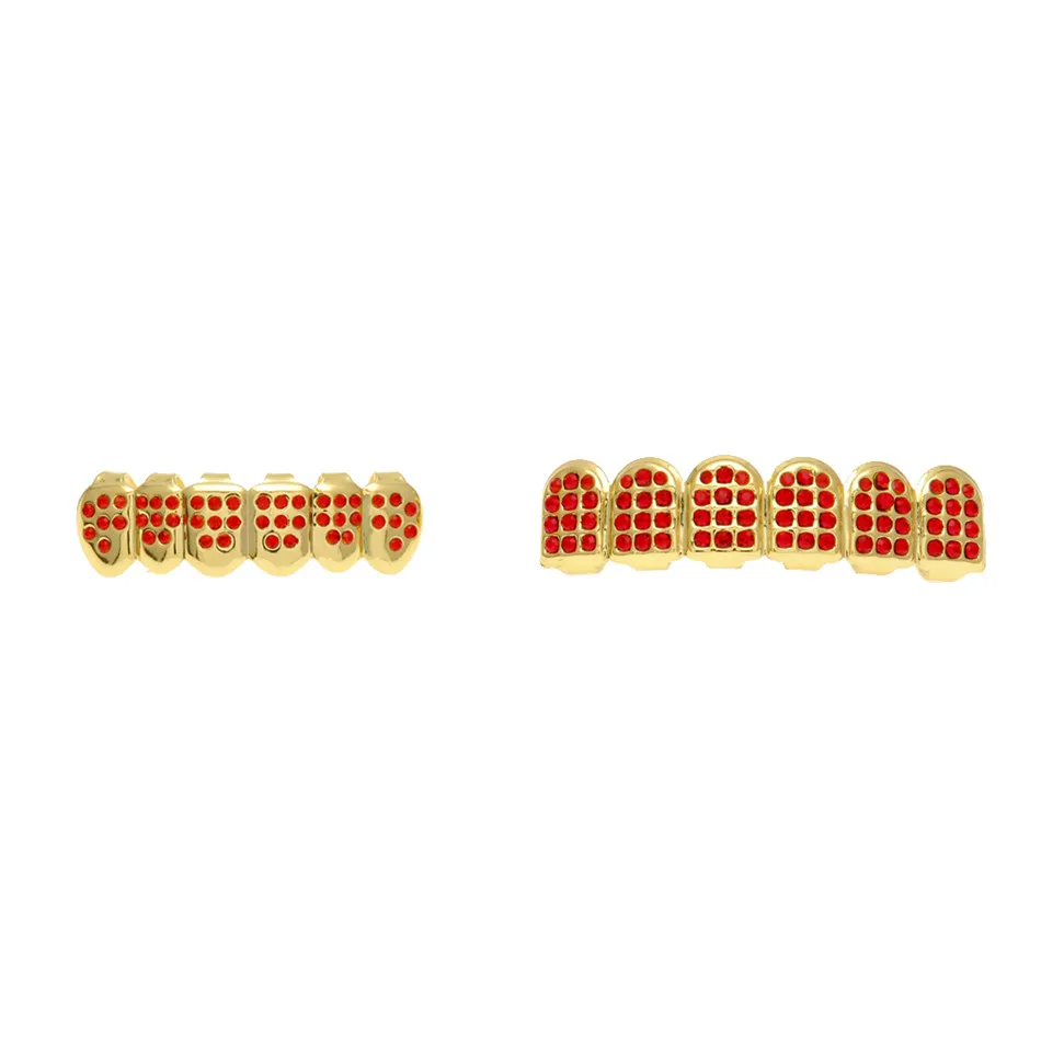 New Glod Silver Plated Iced Out Red Rhinestones Hip Hop Teeth For Mouth GRILLZ Caps Top & Bottom Grill Set teeth Jewelry