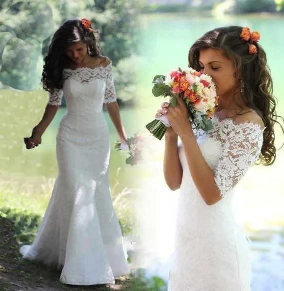 Off-Schulter-Spitze-Nixe-Hochzeitskleider 2019 Illusion Ausschnitt Halbarm Strand Boho-Brautkleider nach Maß Braut Kleid Vestidos De Novia