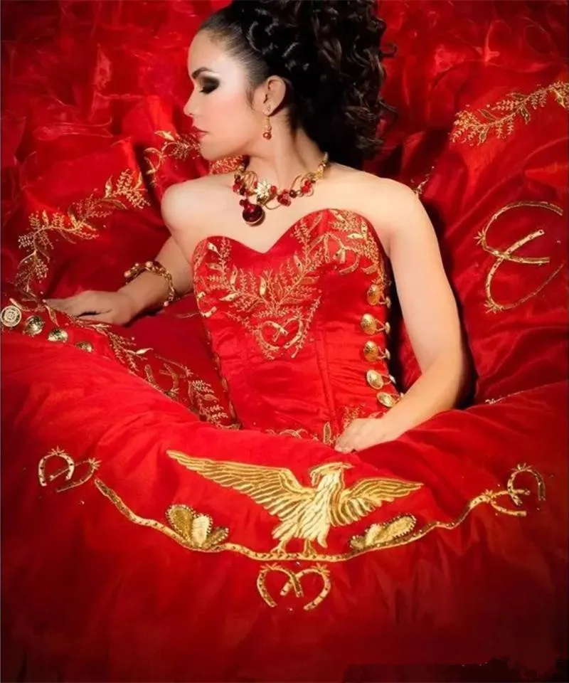 Sweetheart Red Embroidery Ball Gown Quinceanera Dresses Satin Lace Up Floor Length Vestido De Festa vestidos de quincea era Sweet 274Q
