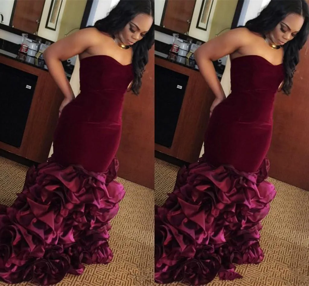 Mermaid Style Evening Gowns Sweetheart Sleeveless Burgundy Prom Dresses Back Zipper Tiered Pleats Sweep Train Custom Made Formal Party Gowns