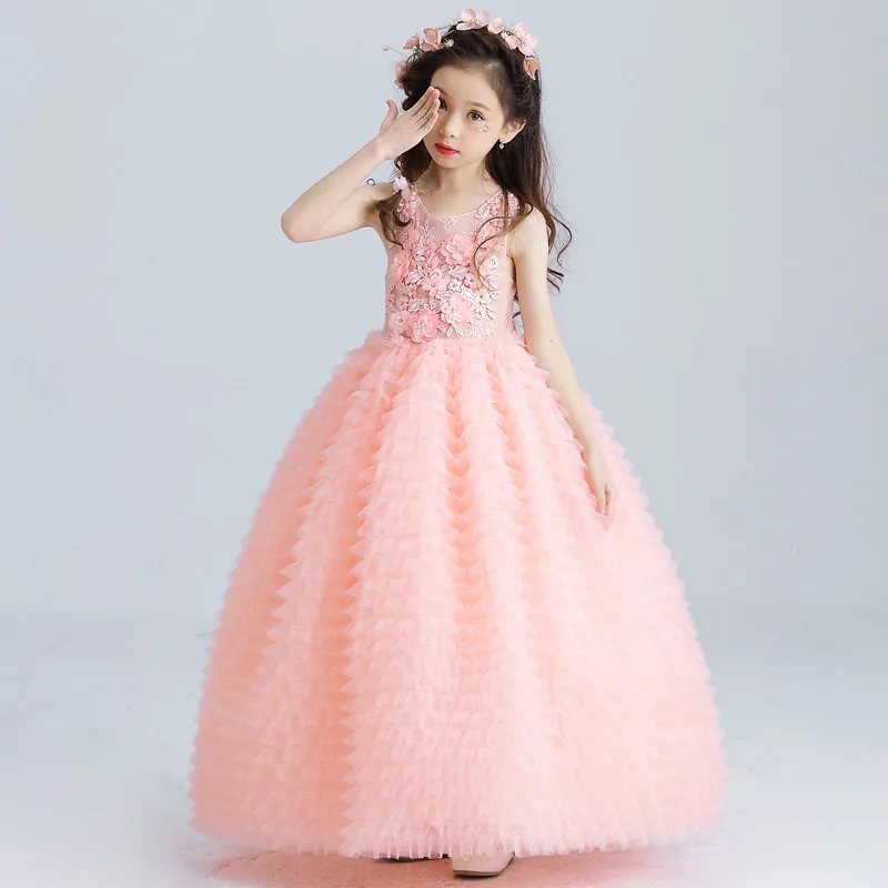 Luxury Pink Tulle Flower Girl Dress Kids Wedding Dress Ankle Length Appliques Bead Kids Party Prom Dress First Communion Dresses