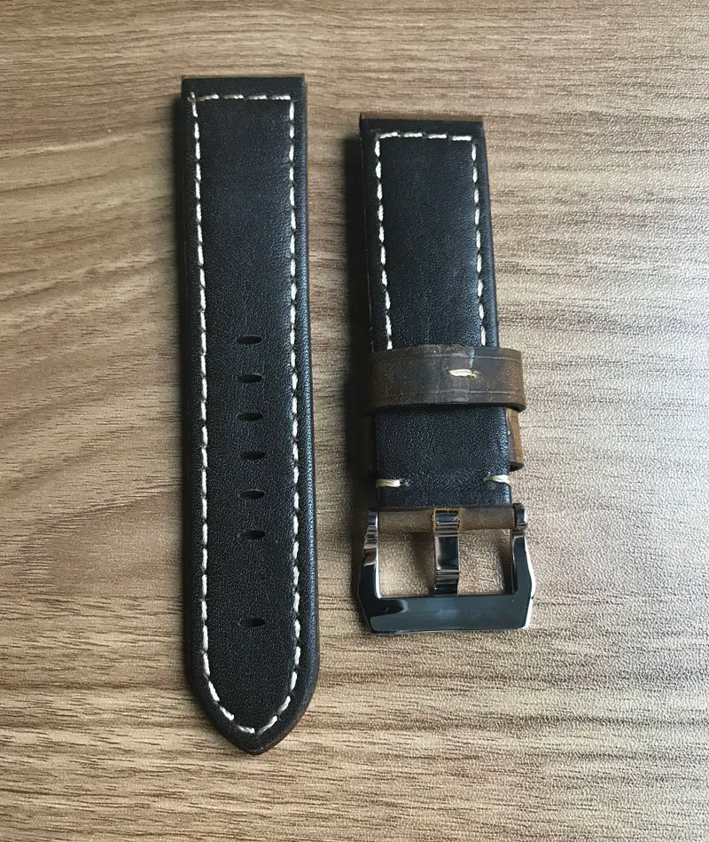 빈티지 Ocysa Dark Brown Brown Black Crazy Horse Genuine Leather Belt 시계 스트랩 24mm 24mm Pam Watches240n