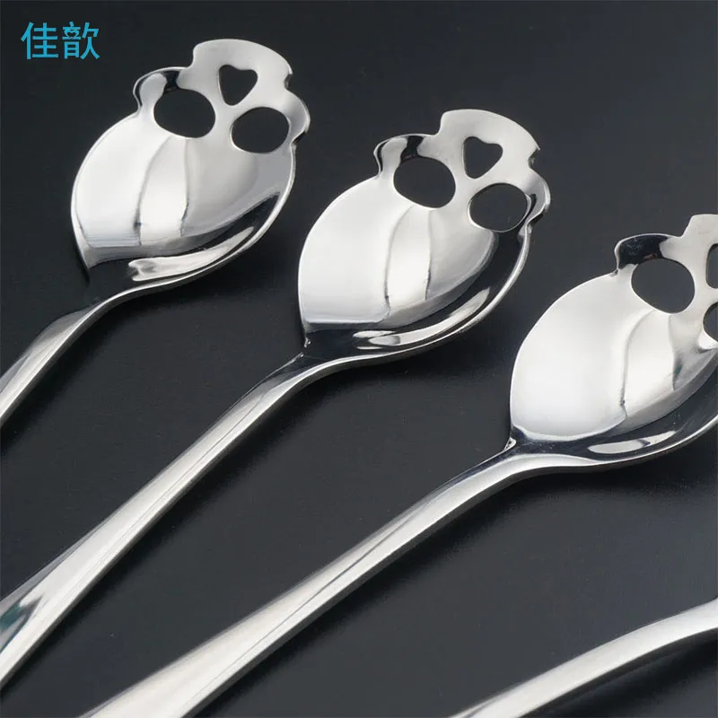 whole- jiaxin flatware 스테인리스 스테인리스 스컬 두개골 모양 긴 손잡이 커피 숟가락 티스푼 디저트 스푼 아이스크림 캔디 스푼 270y