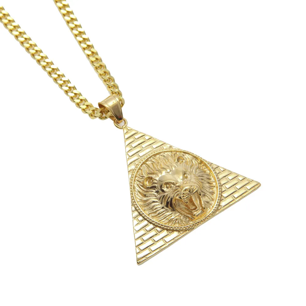 Pyramide égyptienne triangulaire avec pendentifs tête de Lion, en acier titane, couleur or, breloque scintillante pour femmes et hommes, chaîne Hip Hop porte-bonheur 229F