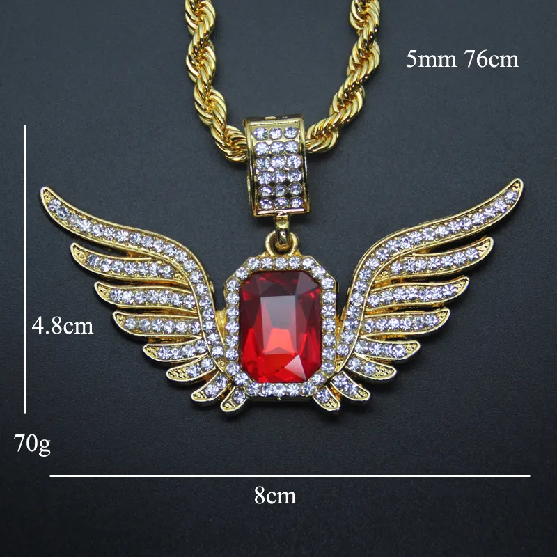 Hip Hop Angel Wings with Big Red Ruby Pendant Necklace for Men Women Iced Out Jewelry268t