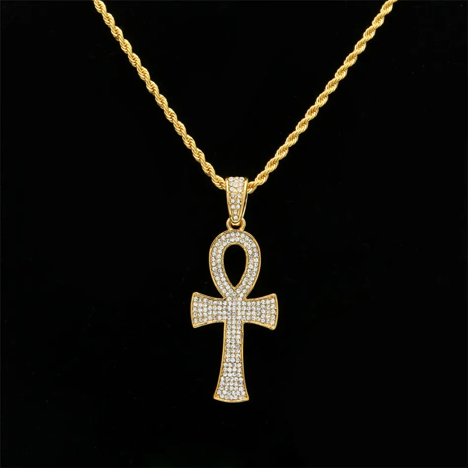 Egyptian Ankh Key of Life Gold Silver Cross Pendant Necklace Chain Bling Full Rhinestone Crystal Cross Pendant Punk Jewelry2491