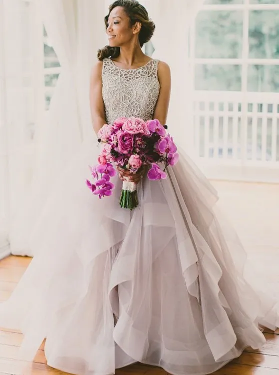 Classy Blush Tulle Ball Gown Wedding Dresses 2019 Beaded Lace Backless Tiered Ruffles Bridal Gowns Cheap Plus Size Bride Dress