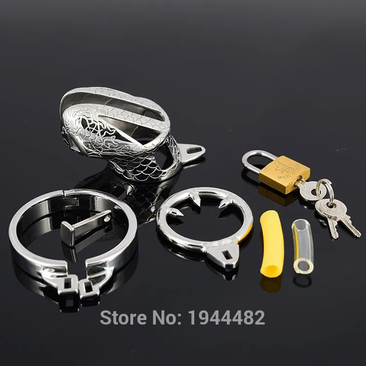 Small Device Stainless Steel Cock Cage Metal Male Belt Penis Ring Bondage Sex Toys Dragon Totem Virginity Lock7865739