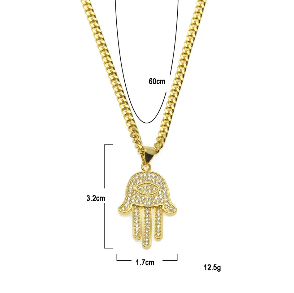 Zirkon Fatima Handanhänger Goldfarbe Kupfermaterial Bling Kristall Luck Hand Palm Halskette für Frauen217p
