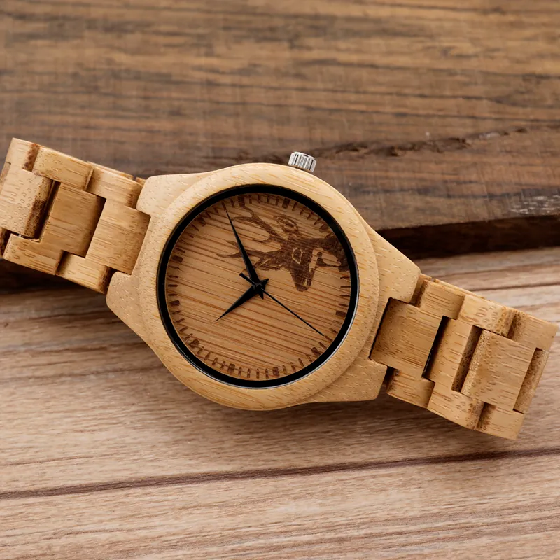 Bobo Bird Classic Bamboo Wooden Watch 엘크 사슴 헤드 캐주얼 손목 시계 대나무 밴드 쿼츠 남성용 여성 204r.