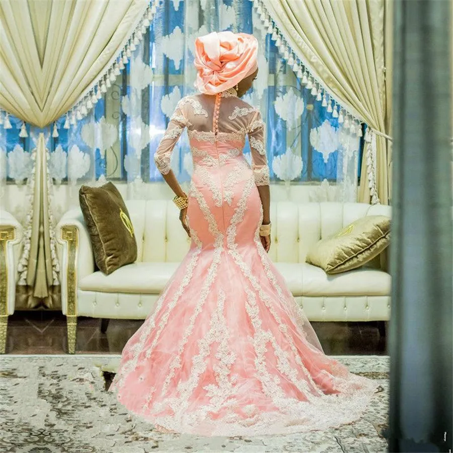 Pink Lace Rhinestone Mermaid Evening Dresses Jewel Luxurious Arabic Three Quarter Sleeves Dubai Abaya Prom Dresses