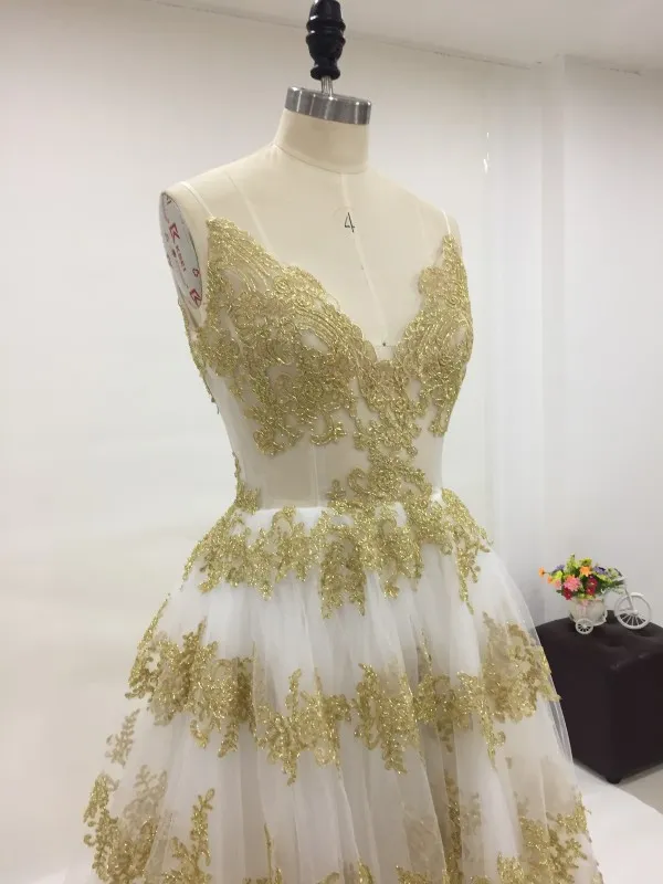 Stunning Ivory and Gold Wedding Dresses A Line Spaghetti Straps Colorful Wedding Dress Sparkly Gold Lace Appliques Corset Back Bridal Gown