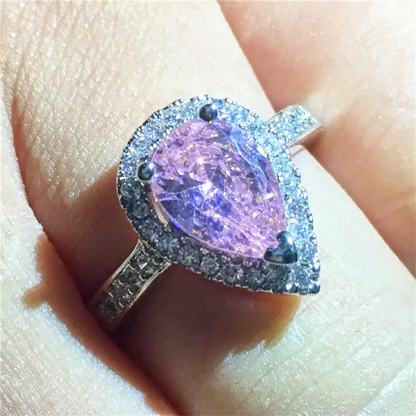 Gioielli bohémien Delicato anello con diamante rosa a forma di pera Moda 10KT Anelli da sposa in oro bianco riempito le donne regalo298P