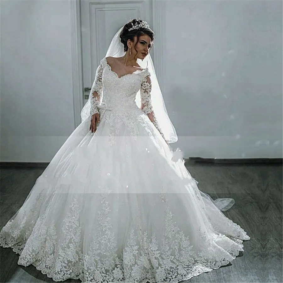 Wedding Dress Gorgeous Ball Gown Wedding Dresses 2019 Puffy Lace Beaded Applique White Long Sleeve Vestido De Noiva