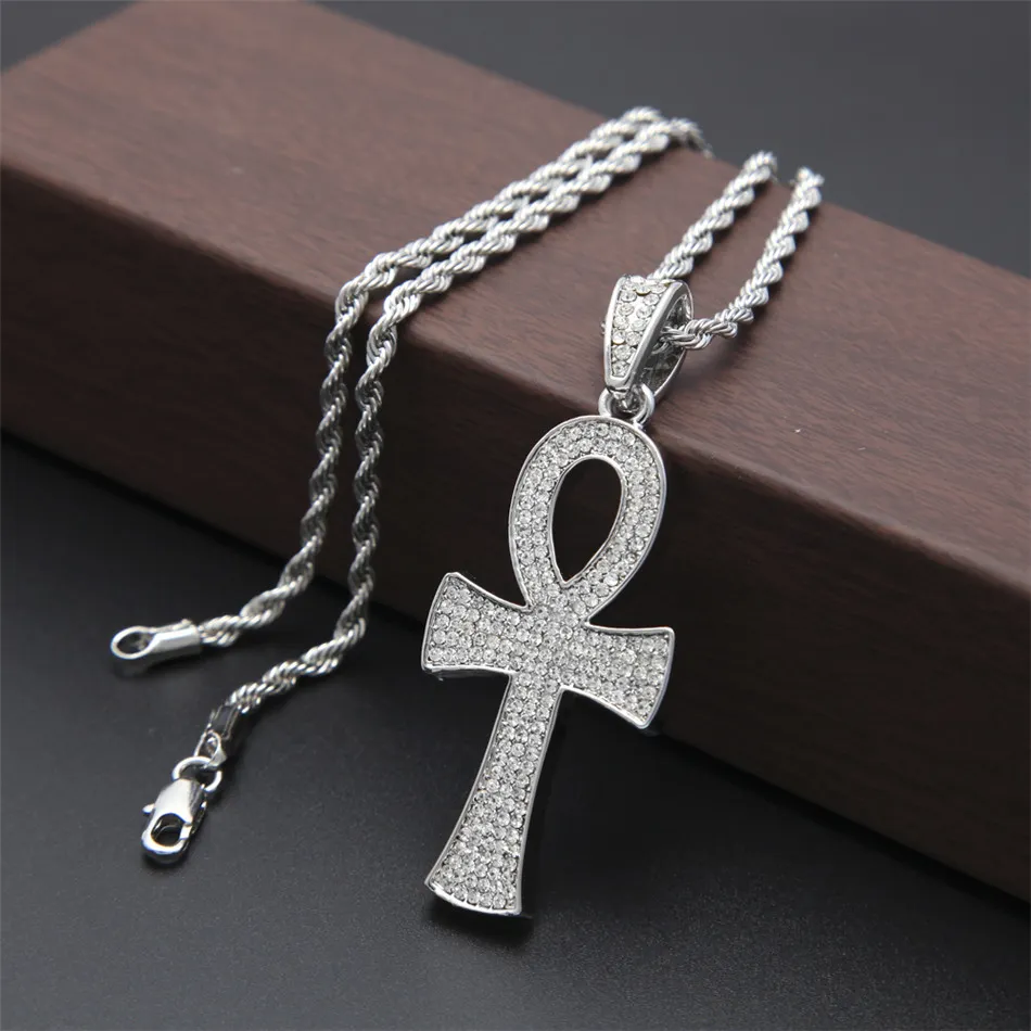 Ankh egípcio chave da vida ouro prata cruz pingente colar corrente bling strass cristal cruz pingente punk jóias230n