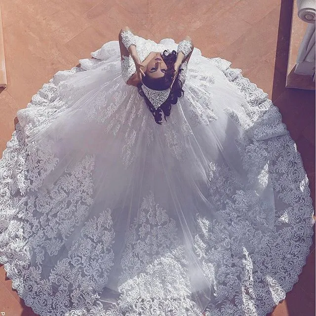 Long Sleeve Lace Ball Gown Wedding Dresses 2017 robe de mariage Applique vestido de noiva Princess Arabic Bridal Gowns