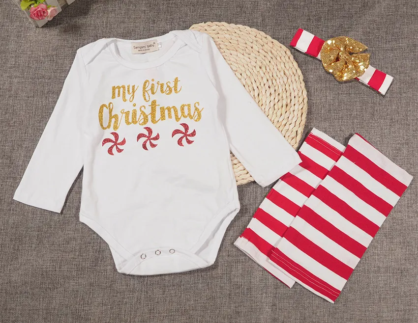 2017 Children Christmas letter bow Newborn Outfits 3 styles Infant Baby Long Sleeve Cotton Rompers+leg warmer two Piece set