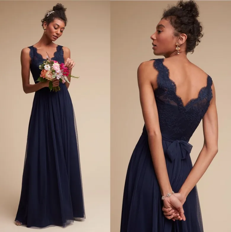 Cheapest Lace Chiffon Dark Navy Wedding Guest Bridesmaid Dresses A Line V Neck Backless Long Maid of Honor Formal Evening Party Gowns