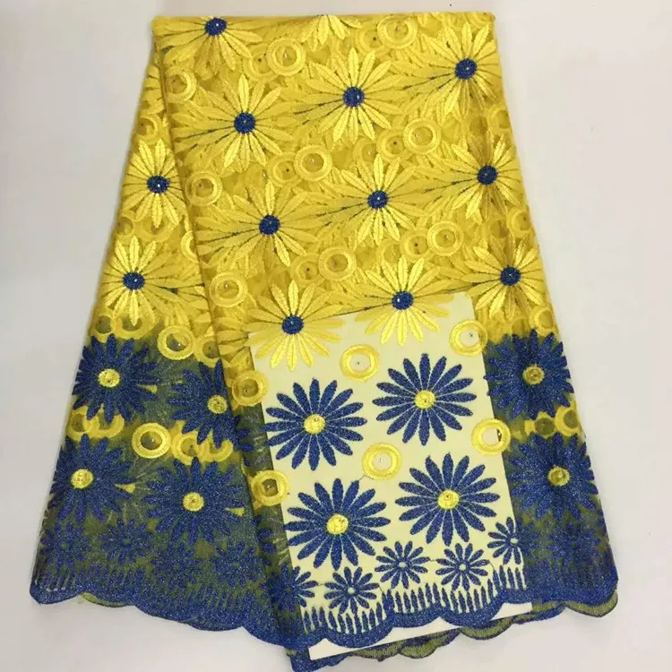 5 Yards/pc New fashion royal blue and gold flower design french net lace fabric african mesh lace for party clothes BN53-4