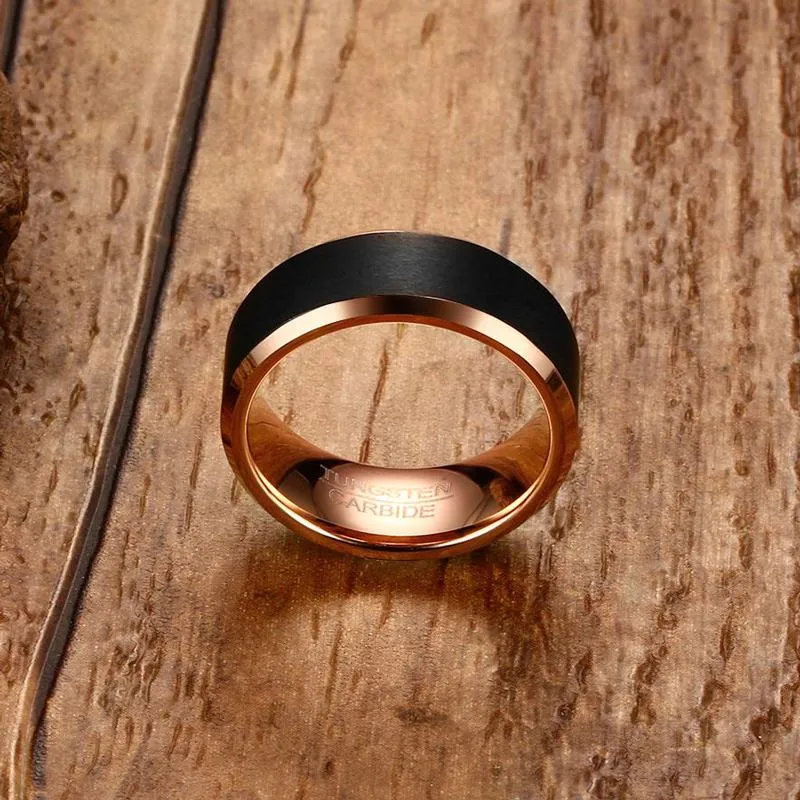 Heren 8mm Zwart Rose Gold Color Tungsten Wedding Band Rings Anniversary Ring Comfort Fit Gravure256J